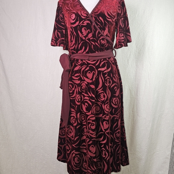 Calvin Klein Velvet Burnout Wrap Dress  4 Floral Knee Belted Romantic Valentines - Picture 1 of 15